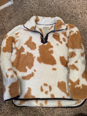 Simply Southern Cream & Tan Cowprint Sherpa Quarter-Zip Pullover